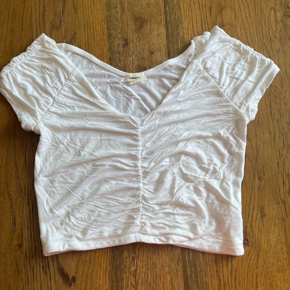 # 25- Garage White Ruched V-Neck Crop Top